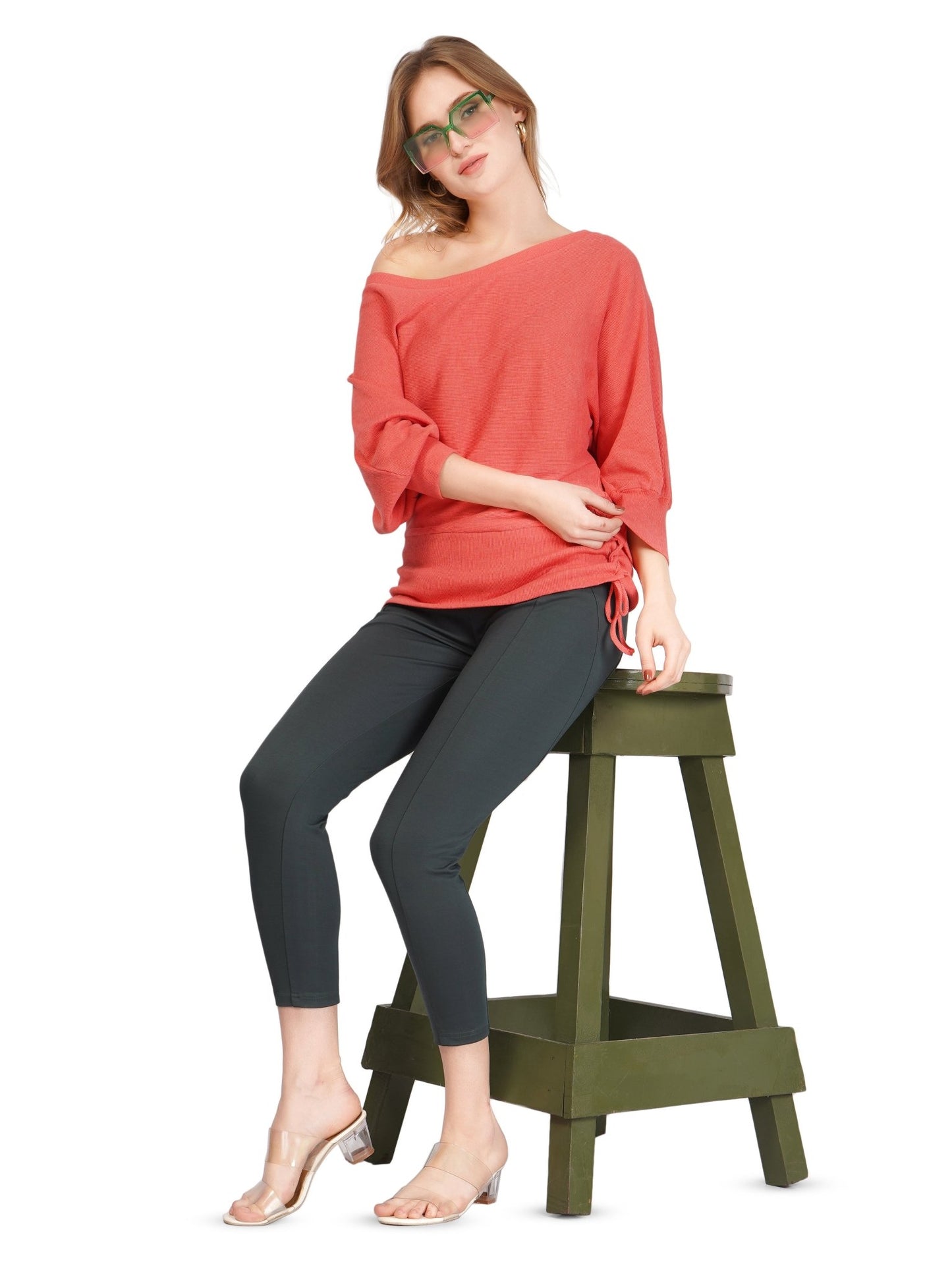 Ribbed 3/4 Sleeves Boat Neck Pink Casual Top - Cano Cristales Fashion