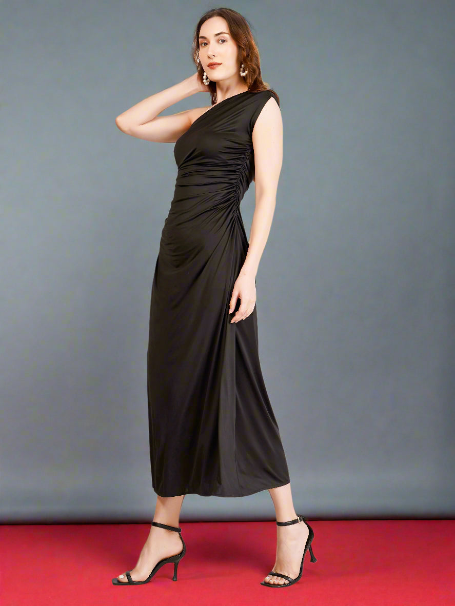 One Shoulder Solid Black high slit Maxi Dress