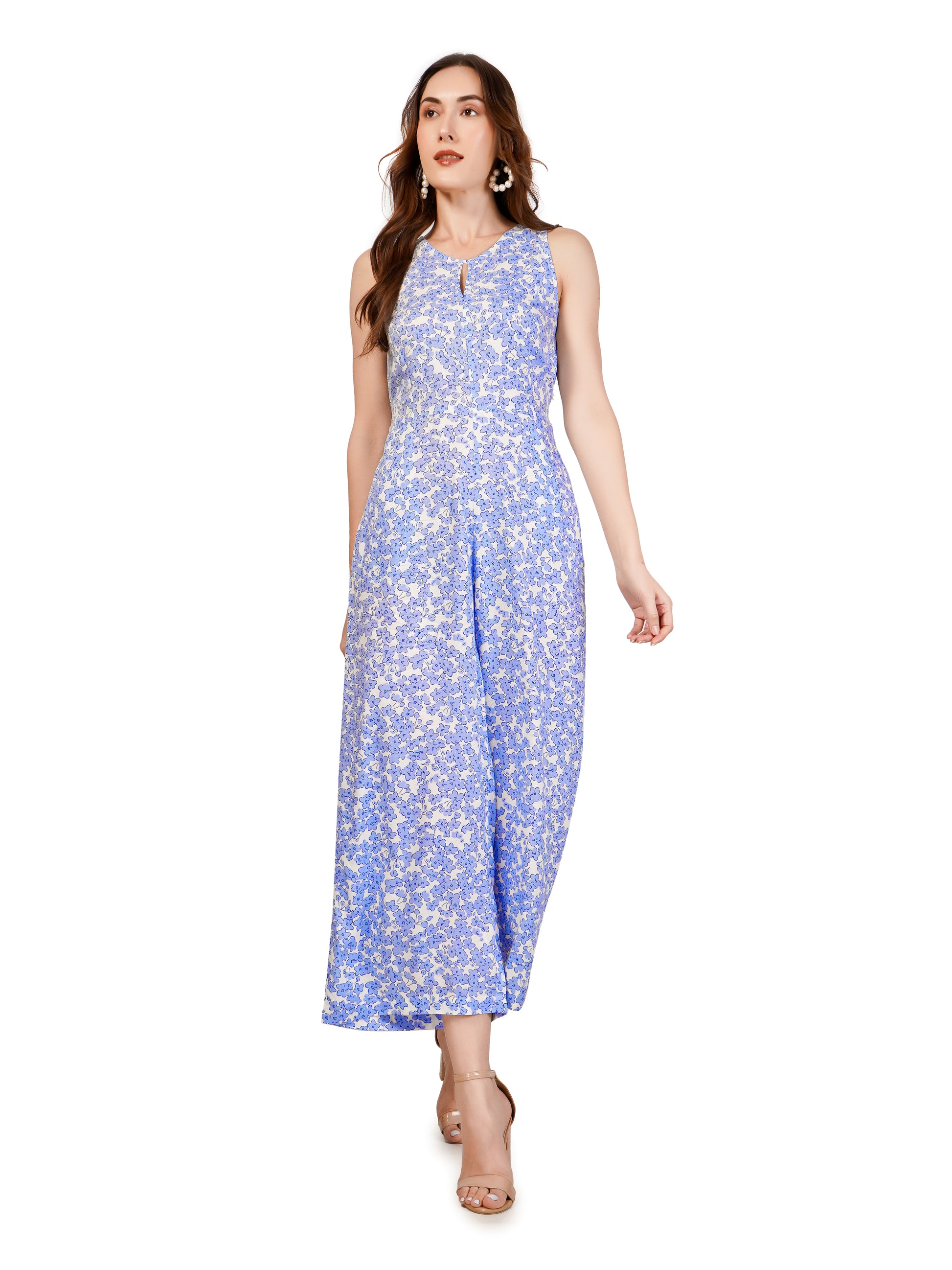 Blue & White Floral Print Jump Suit
